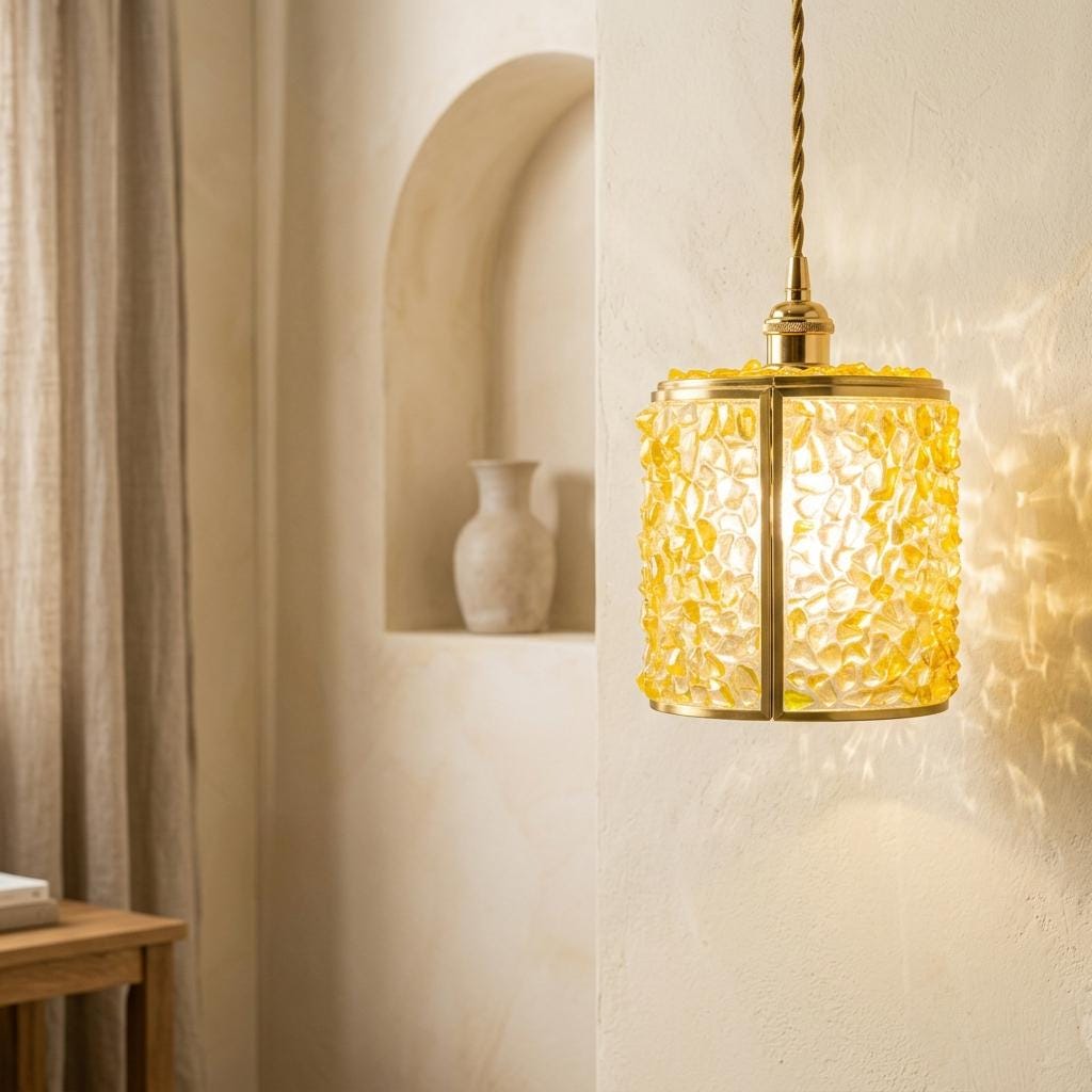 Honey Yellow Pebble-Pattern Tiffany-Inspired Pendant Light, Cylinder Lantern, Handmade - view 5