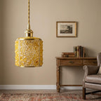 Honey Yellow Pebble-Pattern Tiffany-Inspired Pendant Light, Cylinder Lantern, Handmade - view 8