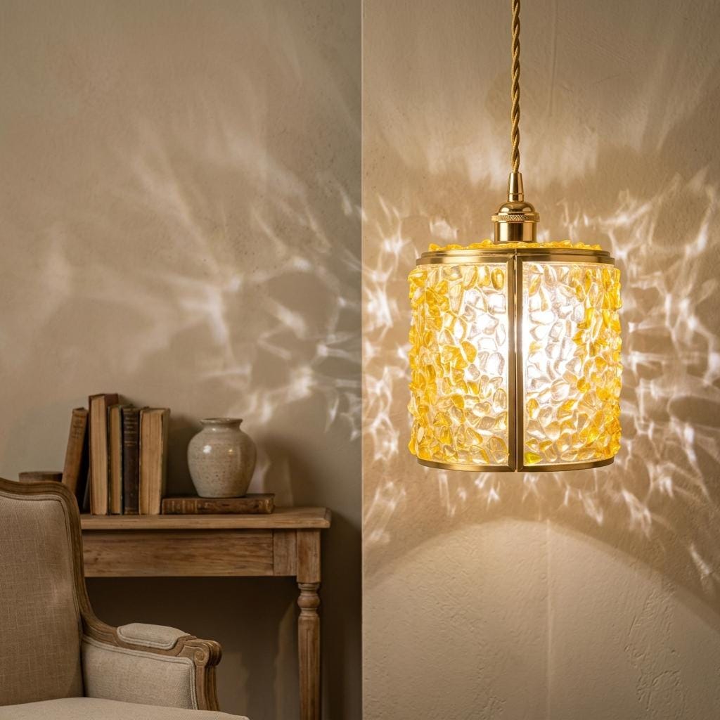 Honey Yellow Pebble-Pattern Tiffany-Inspired Pendant Light, Cylinder Lantern, Handmade - view 7