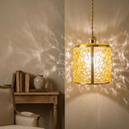 Honey Yellow Pebble-Pattern Tiffany-Inspired Pendant Light, Cylinder Lantern, Handmade - view 7
