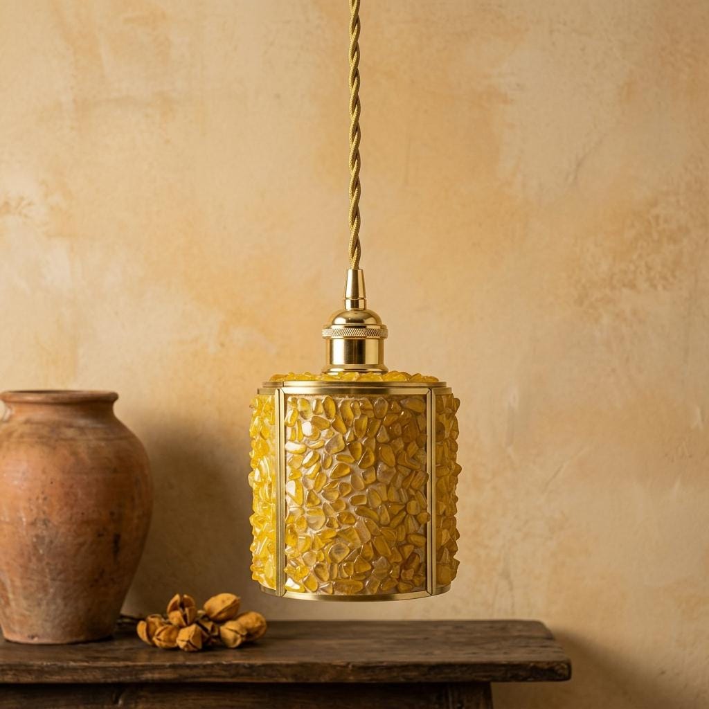 Honey Yellow Pebble-Pattern Tiffany-Inspired Pendant Light, Cylinder Lantern, Handmade - view 10
