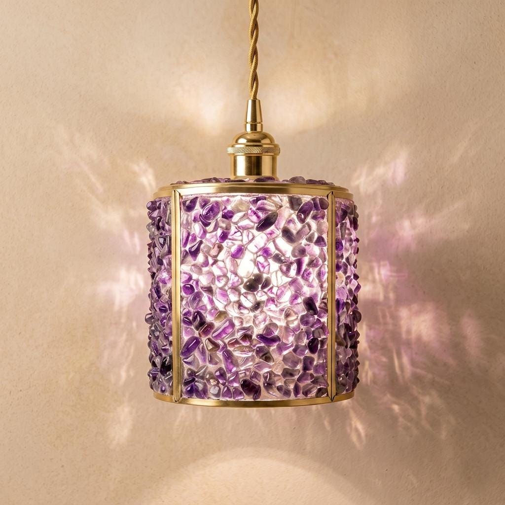 Purple Pebble-Pattern Tiffany-Inspired Pendant Light, Cylinder Lantern with Gold-Tone Frame, Handmade by AuroraeGlass