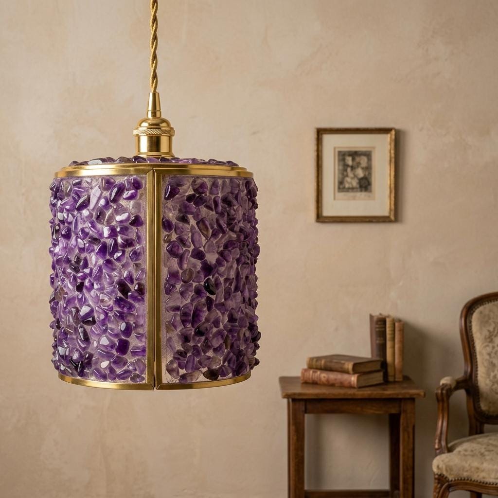 Purple Pebble-Pattern Tiffany-Inspired Pendant Light, Cylinder Lantern with Gold-Tone Frame, Handmade - view 9