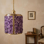 Purple Pebble-Pattern Tiffany-Inspired Pendant Light, Cylinder Lantern with Gold-Tone Frame, Handmade - view 9