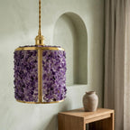 Purple Pebble-Pattern Tiffany-Inspired Pendant Light, Cylinder Lantern with Gold-Tone Frame, Handmade - view 7