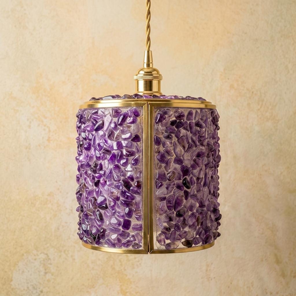 Purple Pebble-Pattern Tiffany-Inspired Pendant Light, Cylinder Lantern with Gold-Tone Frame, Handmade - view 5