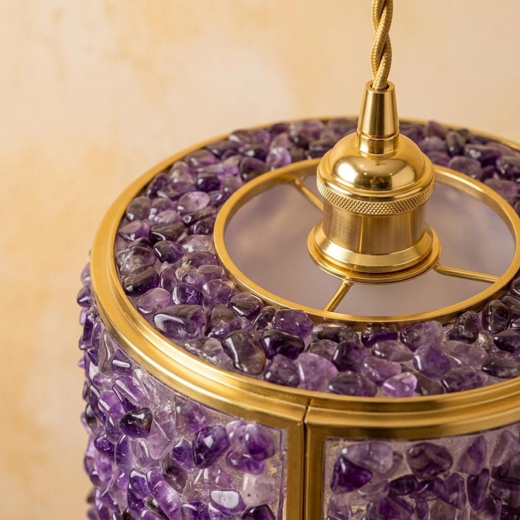 Purple Pebble-Pattern Tiffany-Inspired Pendant Light, Cylinder Lantern with Gold-Tone Frame, Handmade - view 4