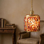 Orange and Red Pebble-Pattern Tiffany-Inspired Pendant Light, Cylinder Lantern, Handmade - view 7