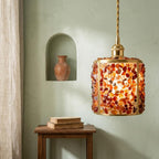Orange and Red Pebble-Pattern Tiffany-Inspired Pendant Light, Cylinder Lantern, Handmade - view 5