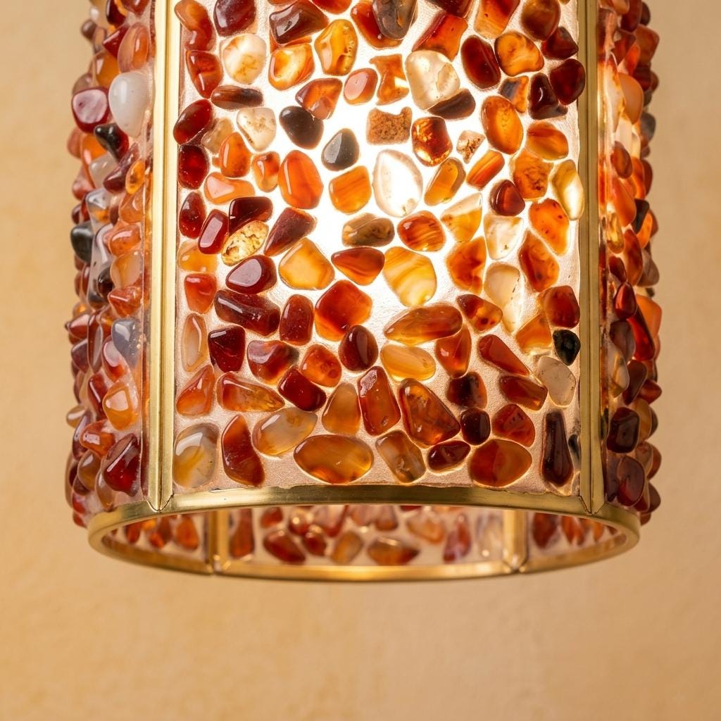 Orange and Red Pebble-Pattern Tiffany-Inspired Pendant Light, Cylinder Lantern, Handmade - view 3