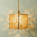 Warm Yellow Pebble-Pattern Tiffany-Inspired Pendant Light, Cube Lantern, Handmade by AuroraeGlass