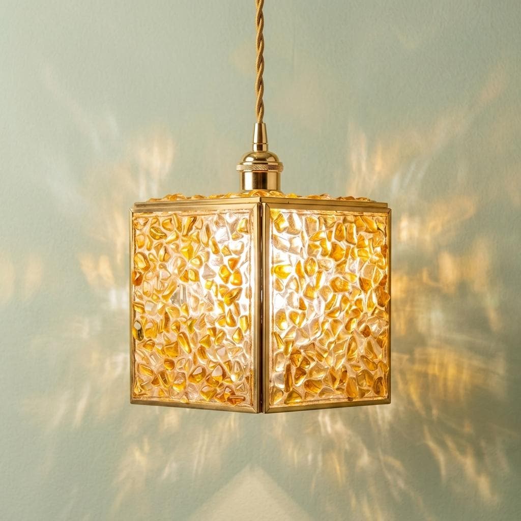 Warm Yellow Pebble-Pattern Tiffany-Inspired Pendant Light, Cube Lantern, Handmade by AuroraeGlass