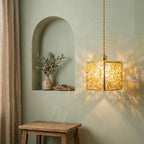 Warm Yellow Pebble-Pattern Tiffany-Inspired Pendant Light, Cube Lantern, Handmade - view 6