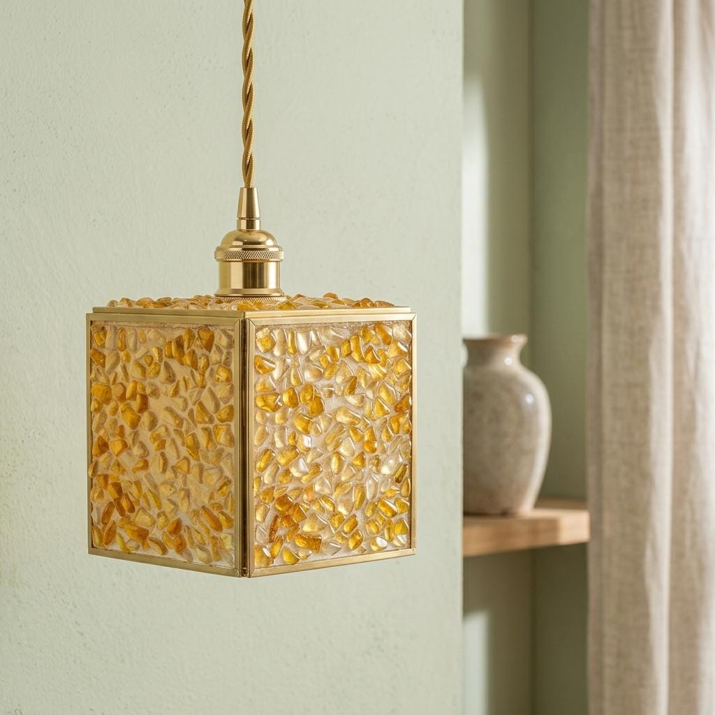 Warm Yellow Pebble-Pattern Tiffany-Inspired Pendant Light, Cube Lantern, Handmade - view 7