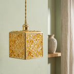 Warm Yellow Pebble-Pattern Tiffany-Inspired Pendant Light, Cube Lantern, Handmade - view 7