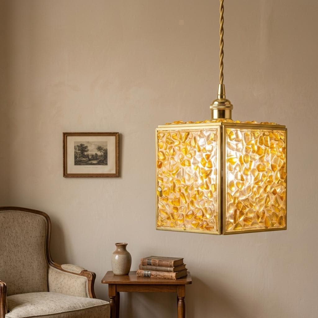 Warm Yellow Pebble-Pattern Tiffany-Inspired Pendant Light, Cube Lantern, Handmade - view 8