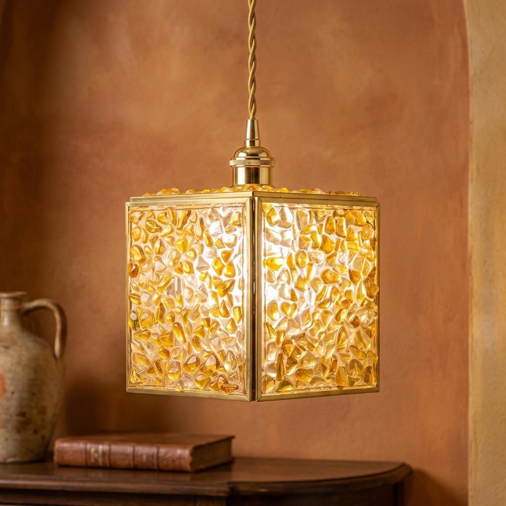 Warm Yellow Pebble-Pattern Tiffany-Inspired Pendant Light, Cube Lantern, Handmade - view 10