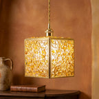 Warm Yellow Pebble-Pattern Tiffany-Inspired Pendant Light, Cube Lantern, Handmade - view 10