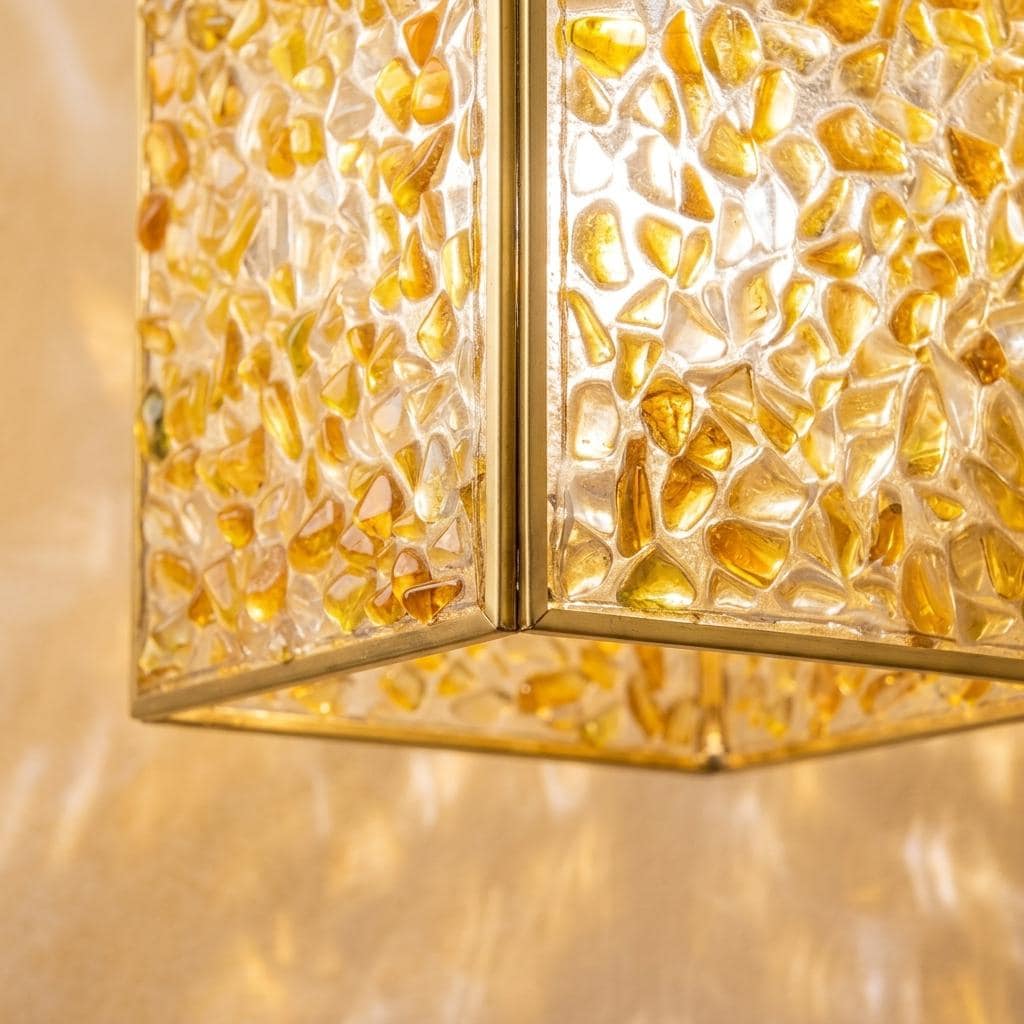 Warm Yellow Pebble-Pattern Tiffany-Inspired Pendant Light, Cube Lantern, Handmade - view 3
