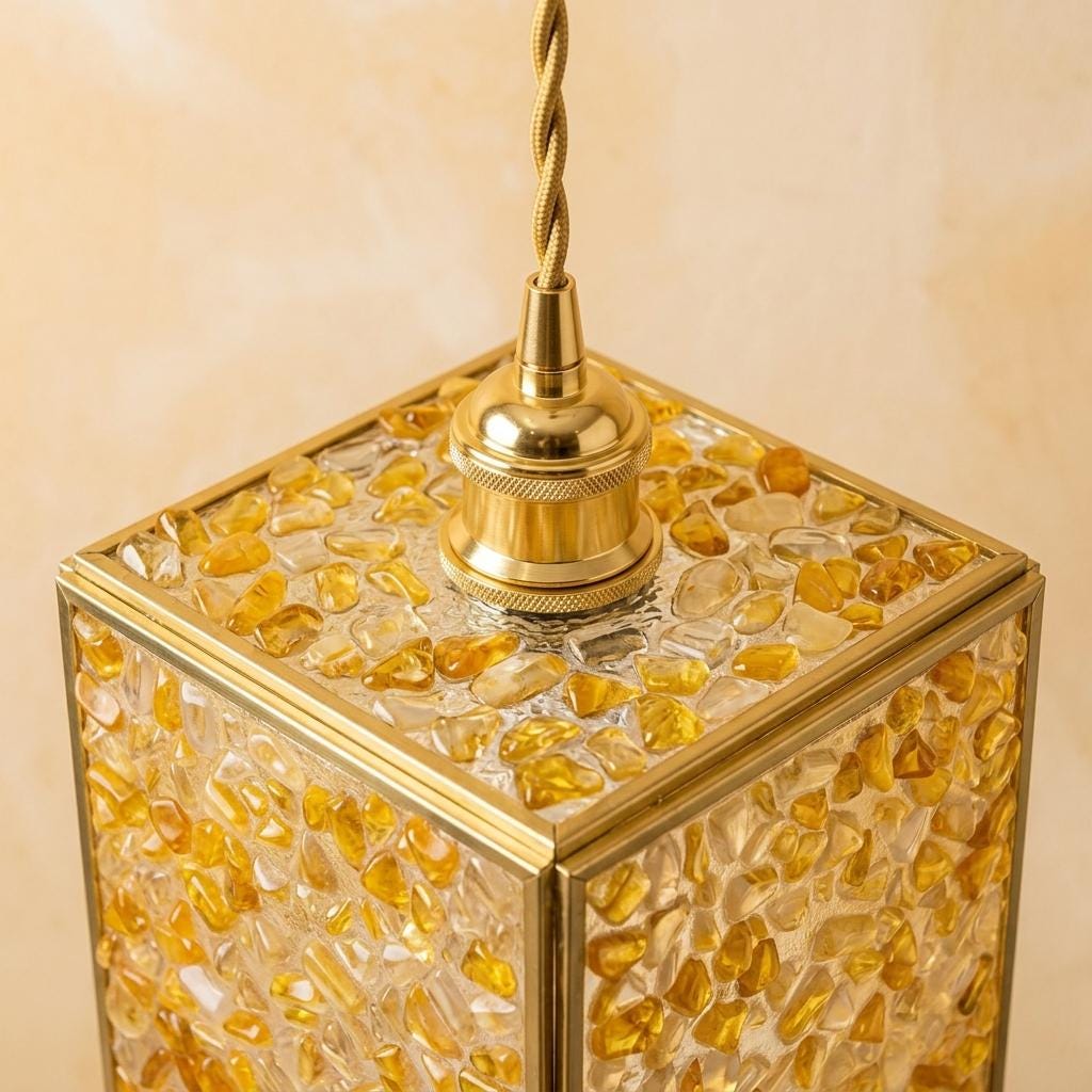 Warm Yellow Pebble-Pattern Tiffany-Inspired Pendant Light, Cube Lantern, Handmade - view 4