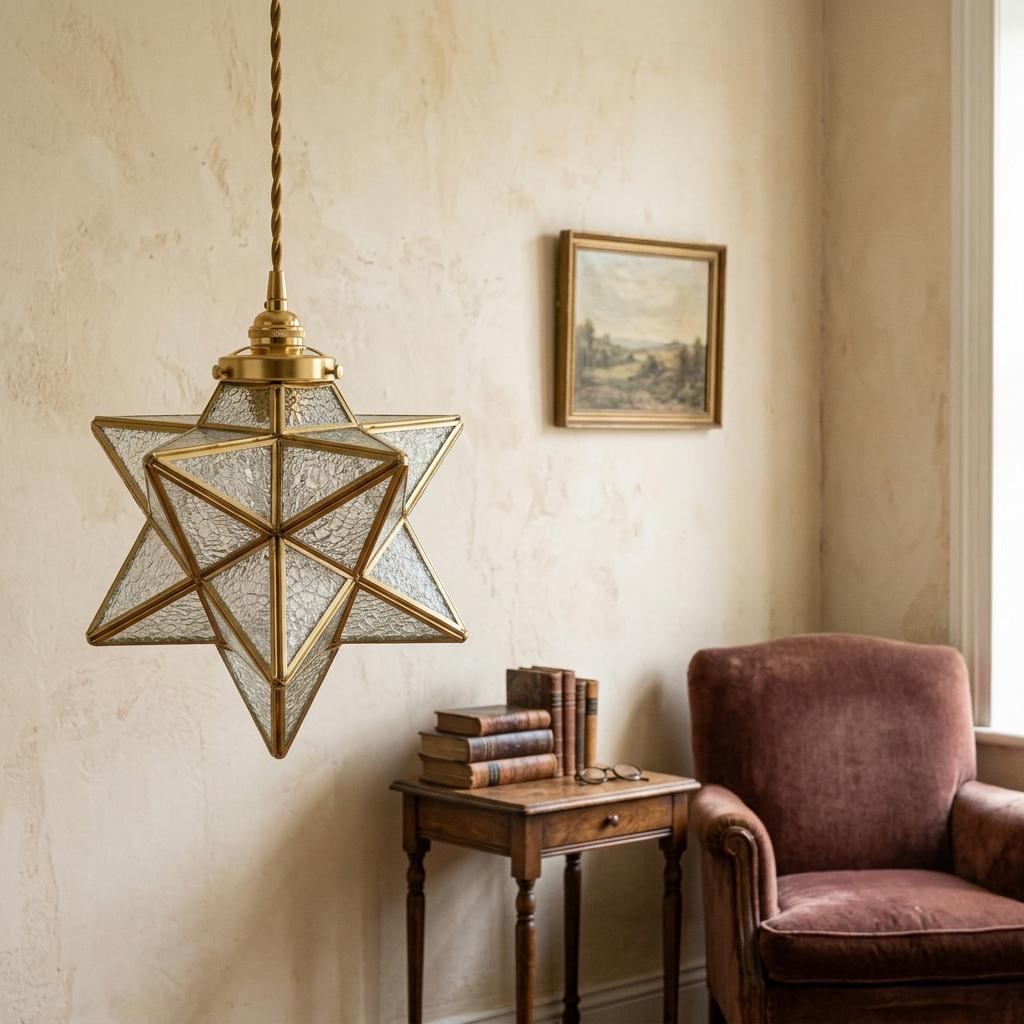Clear-Look Geometric Star Pendant Light, Textured-Look Panels, Handmade - view 9