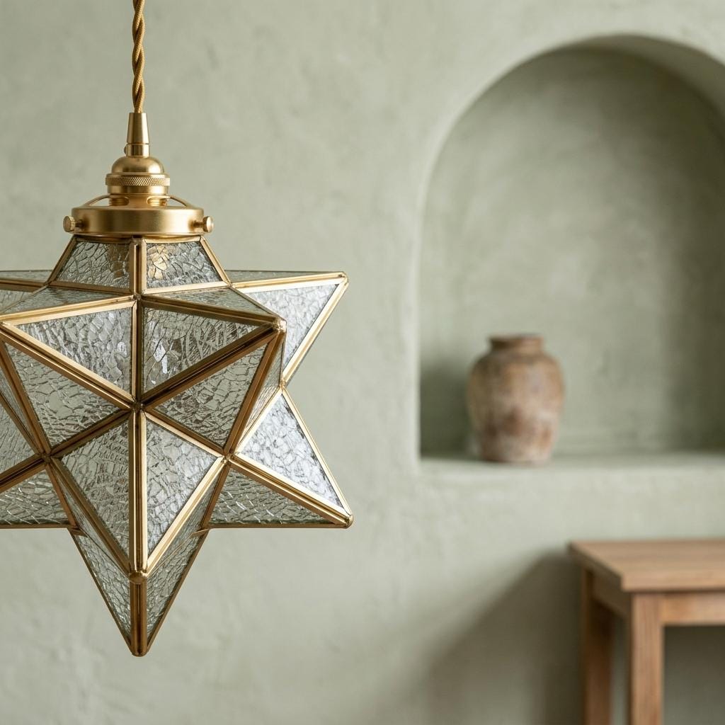 Clear-Look Geometric Star Pendant Light, Textured-Look Panels, Handmade - view 7