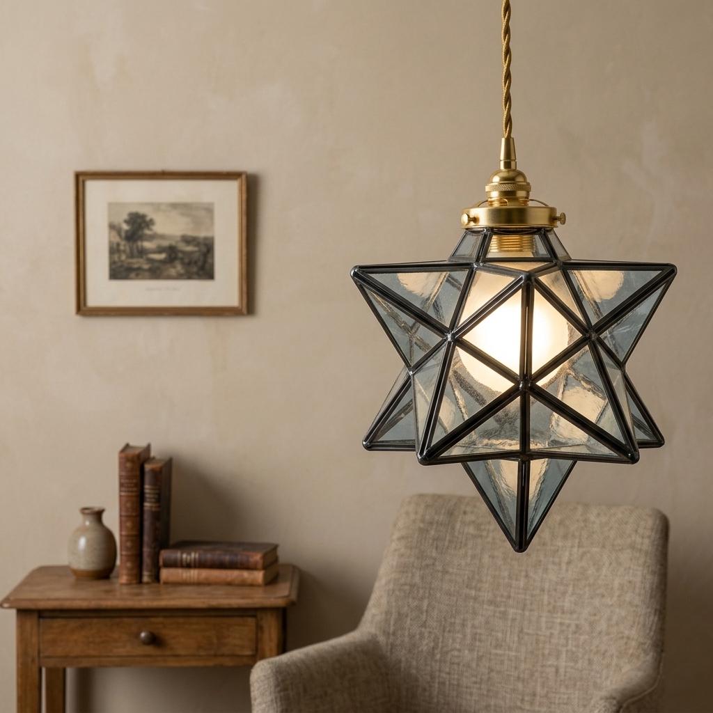 Clear-Look Geometric Star Pendant Light, Gray-Black Frame, Handmade - view 8