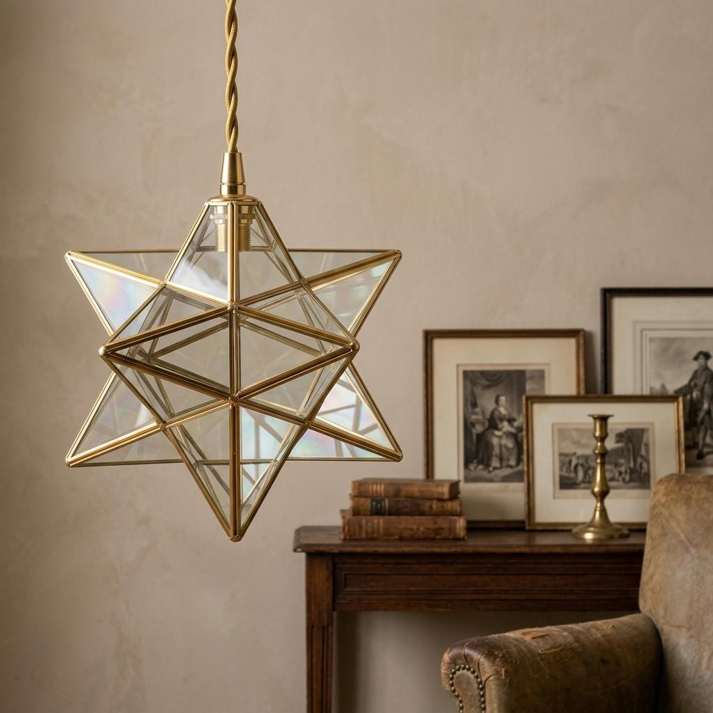Clear-Look Geometric Star Pendant Light, Gold-Tone Frame, Handmade - view 8