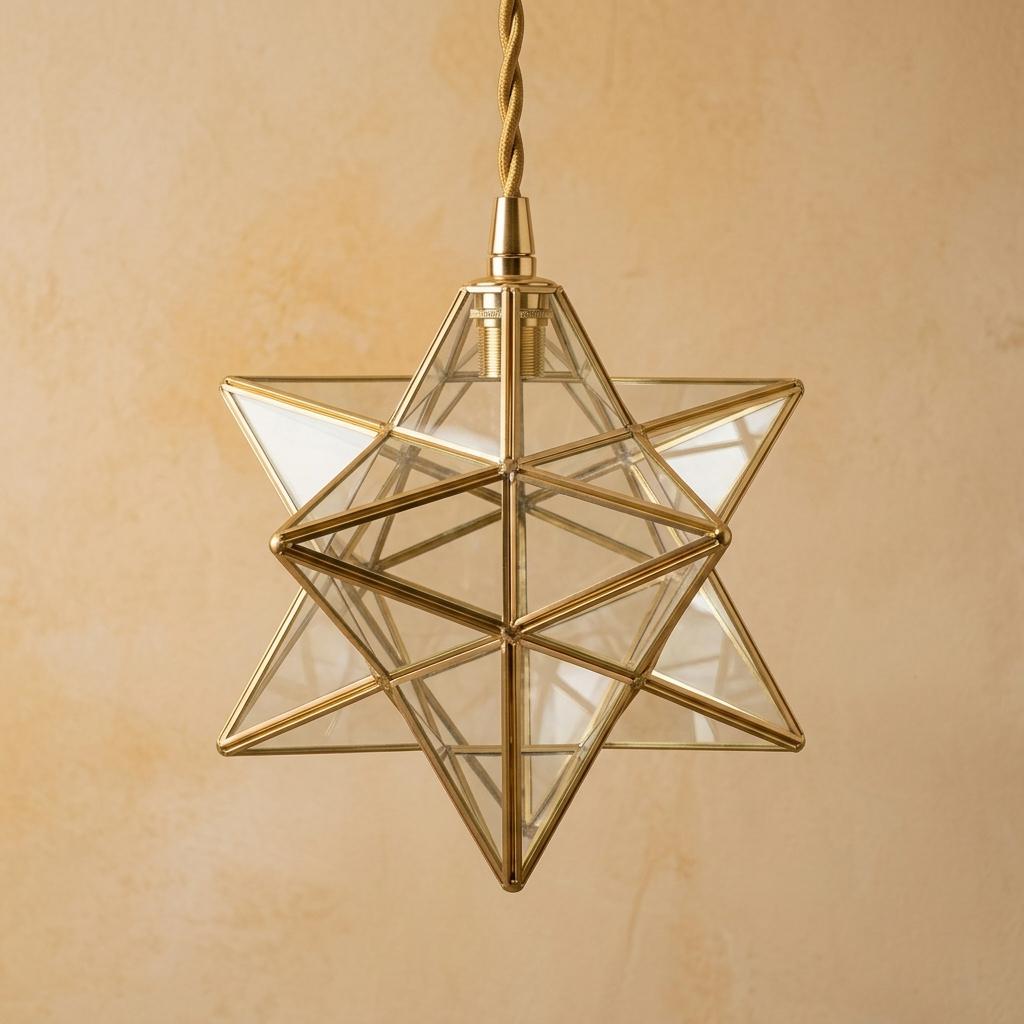 Clear-Look Geometric Star Pendant Light, Gold-Tone Frame, Handmade - view 5