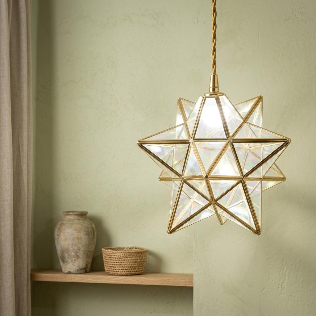 Clear-Look Geometric Star Pendant Light, Gold-Tone Frame, Handmade - view 6