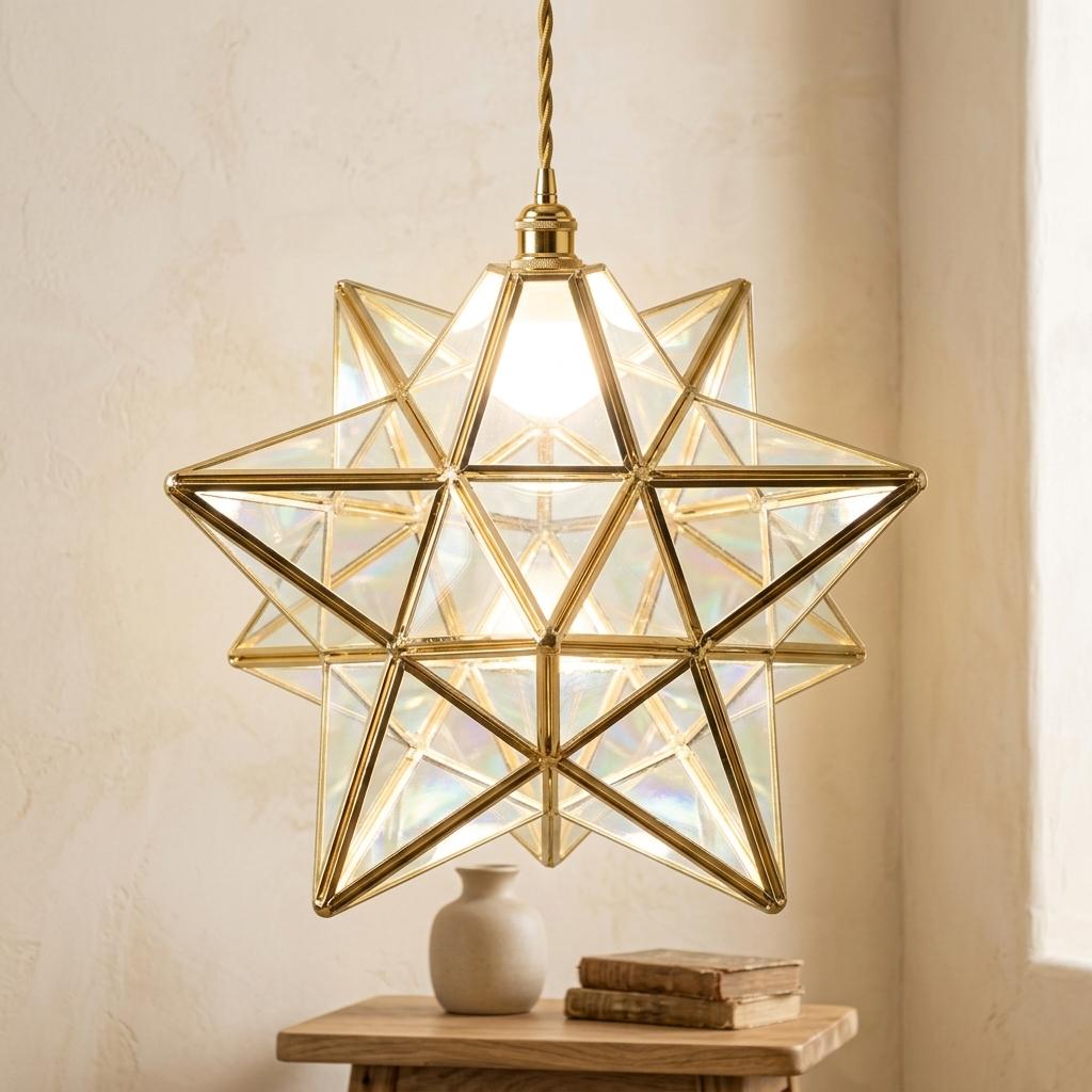 Clear-Look Geometric Star Pendant Light, Gold-Tone Frame, Handmade - view 9