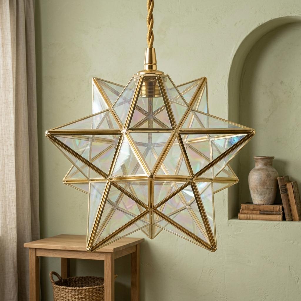 Clear-Look Geometric Star Pendant Light, Gold-Tone Frame, Handmade - view 7