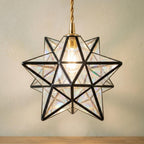 Clear-Look Geometric Star Pendant Light, Dark Frame, Handmade by AuroraeGlass