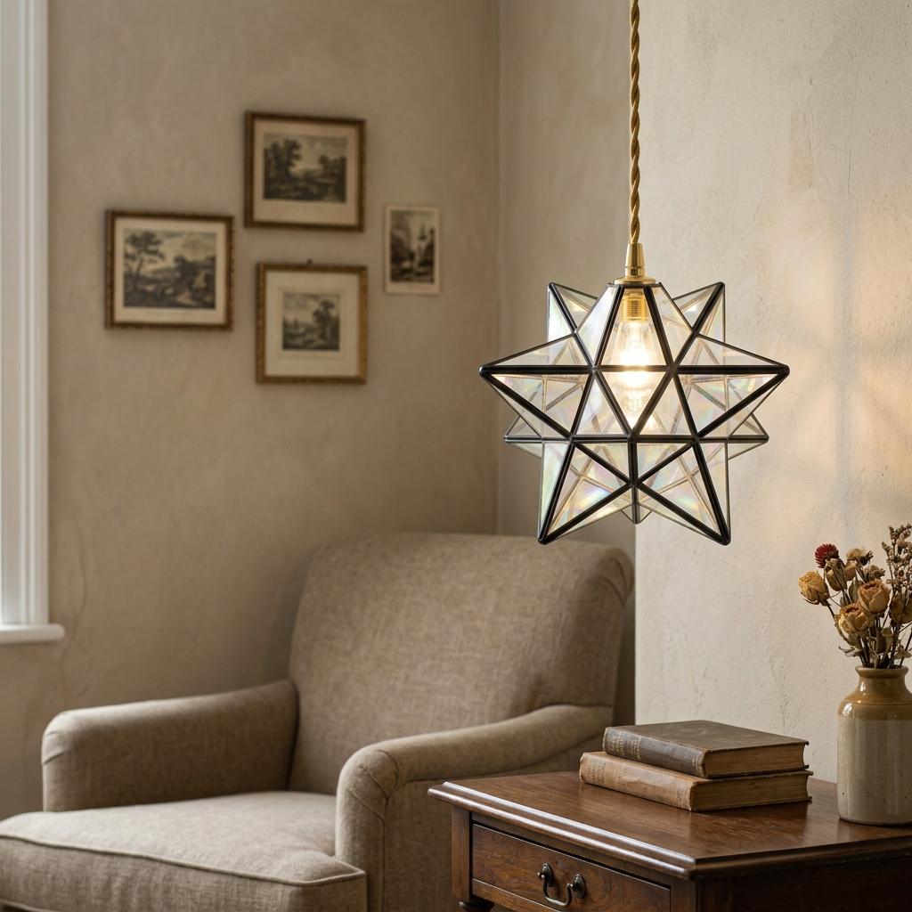 Clear-Look Geometric Star Pendant Light, Dark Frame, Handmade - view 8