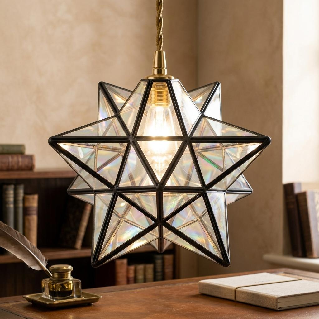 Clear-Look Geometric Star Pendant Light, Dark Frame, Handmade - view 10