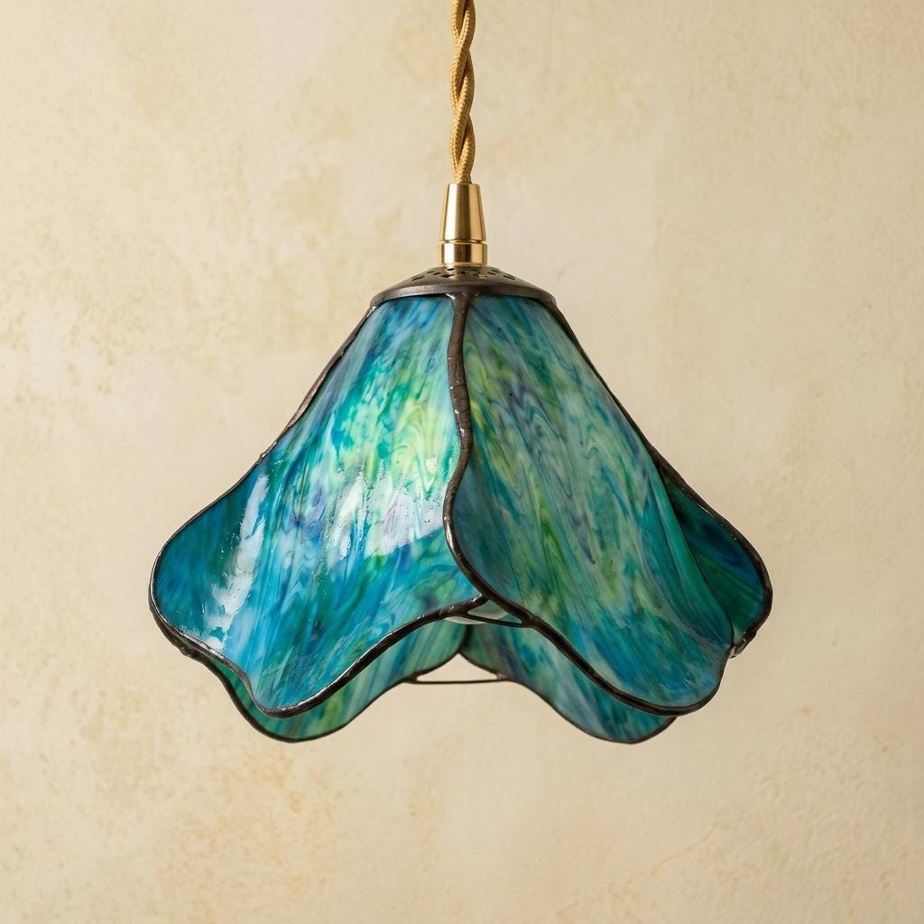 Handmade Blue Fluted Dome Tiffany-Inspired Pendant Light with Flowing Petal Panels - view 4