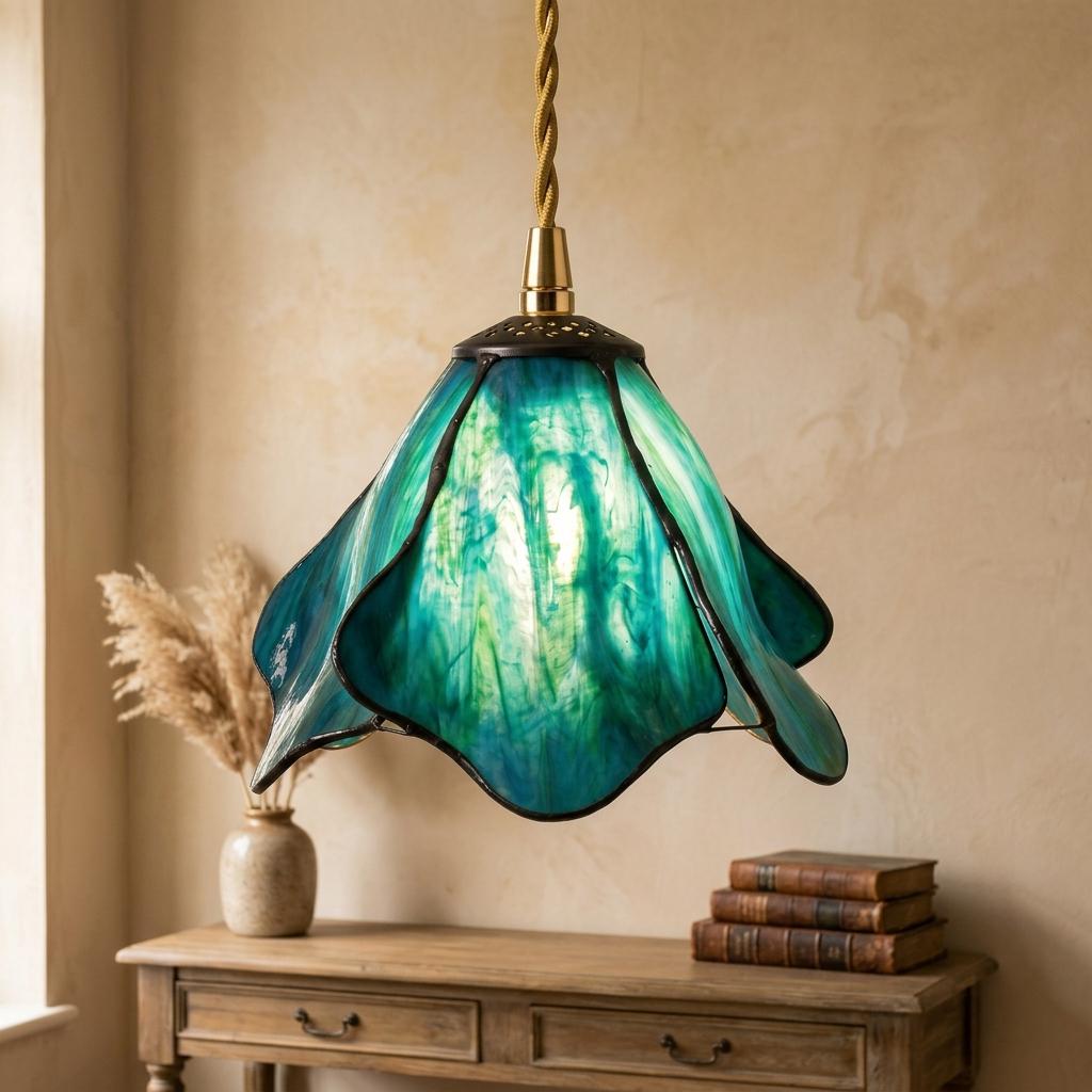 Handmade Blue Fluted Dome Tiffany-Inspired Pendant Light with Flowing Petal Panels - view 9