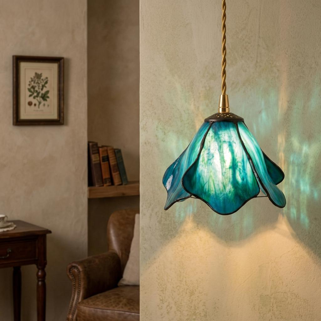 Handmade Blue Fluted Dome Tiffany-Inspired Pendant Light with Flowing Petal Panels - view 7