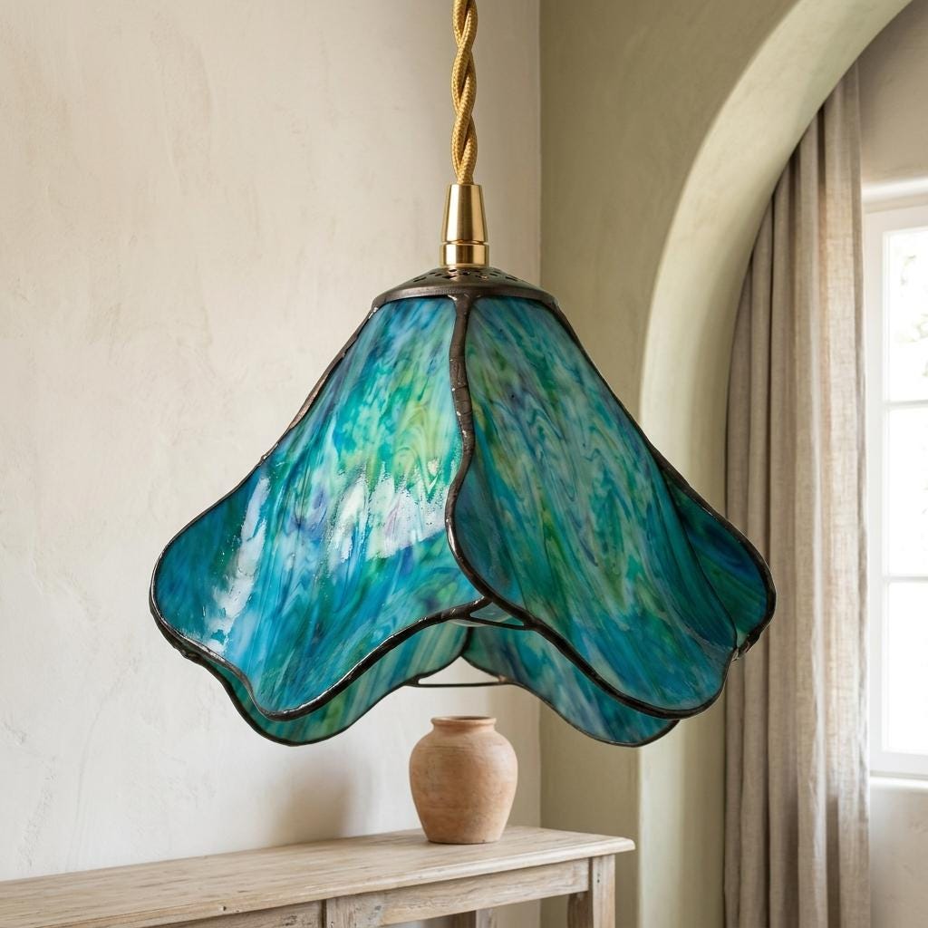 Handmade Blue Fluted Dome Tiffany-Inspired Pendant Light with Flowing Petal Panels - view 10