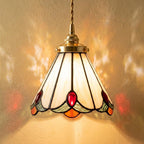 Handmade Cream Bell Tiffany-Inspired Pendant Light with Red, Orange, and Green Details by AuroraeGlass