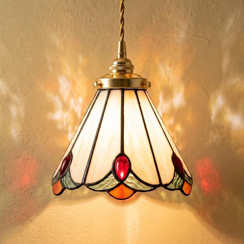 Handmade Cream Bell Tiffany-Inspired Pendant Light with Red, Orange, and Green Details by AuroraeGlass