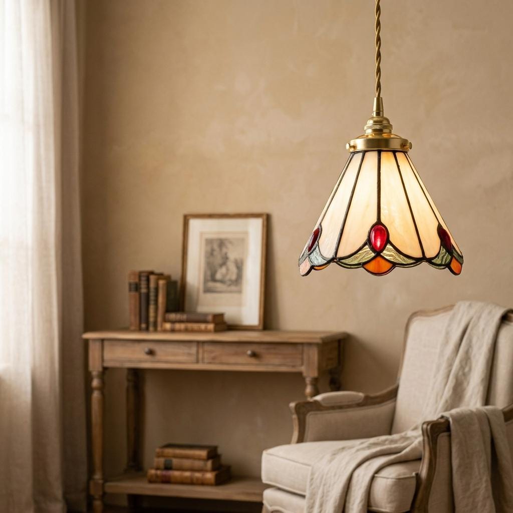 Handmade Cream Bell Tiffany-Inspired Pendant Light with Red, Orange, and Green Details - view 8
