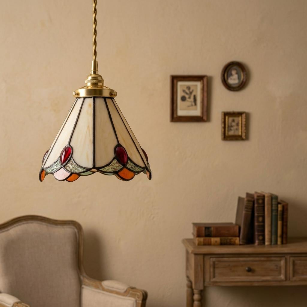 Handmade Cream Bell Tiffany-Inspired Pendant Light with Red, Orange, and Green Details - view 9