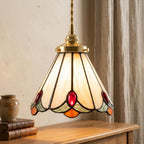 Handmade Cream Bell Tiffany-Inspired Pendant Light with Red, Orange, and Green Details - view 10