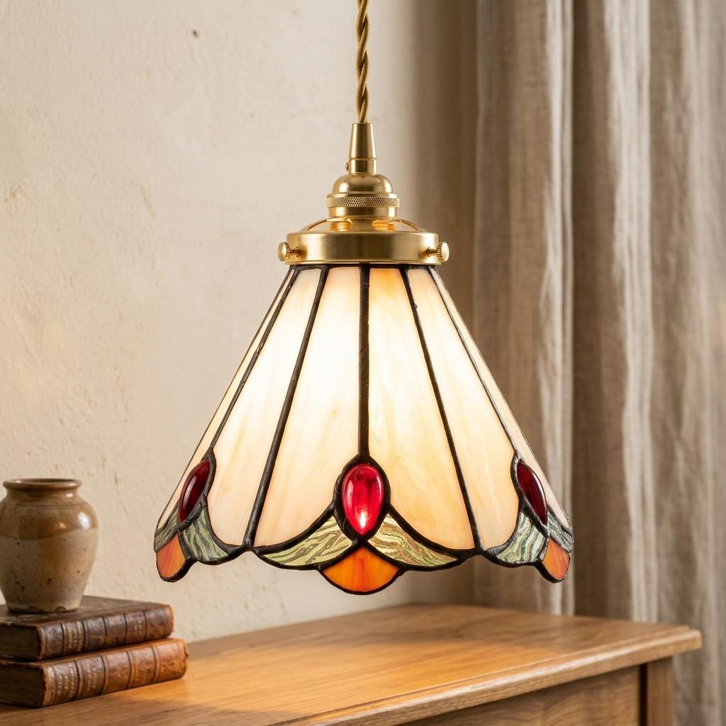 Handmade Cream Bell Tiffany-Inspired Pendant Light with Red, Orange, and Green Details - view 10