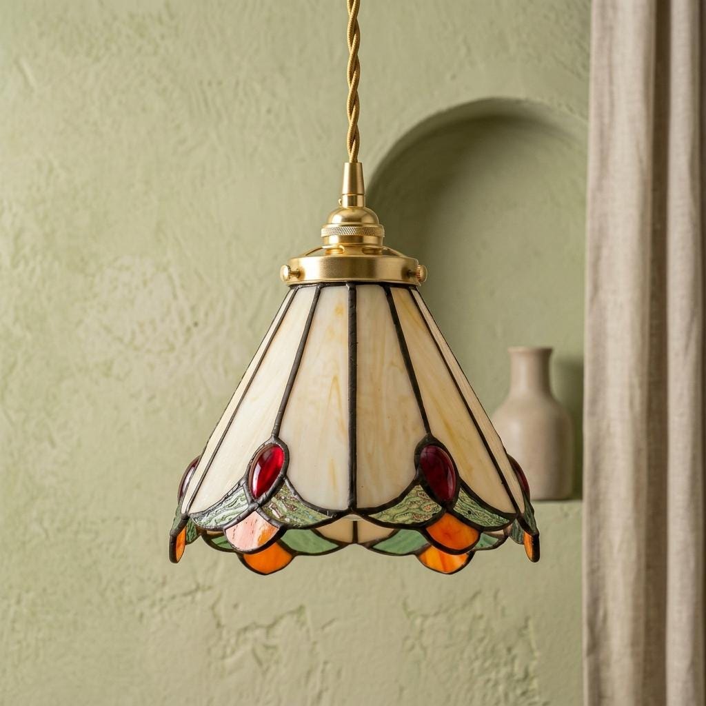 Handmade Cream Bell Tiffany-Inspired Pendant Light with Red, Orange, and Green Details - view 7