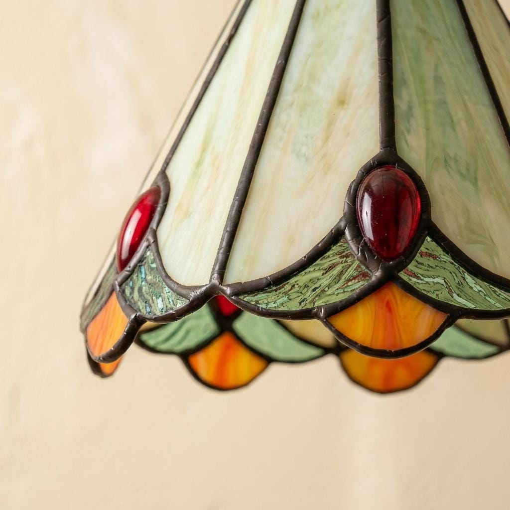 Handmade Cream Bell Tiffany-Inspired Pendant Light with Red, Orange, and Green Details - view 3