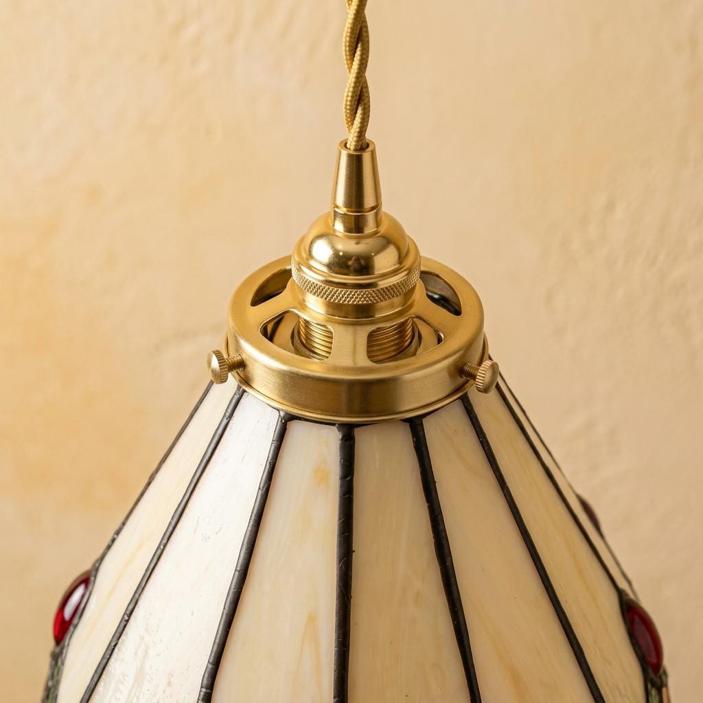 Handmade Cream Bell Tiffany-Inspired Pendant Light with Red, Orange, and Green Details - view 4