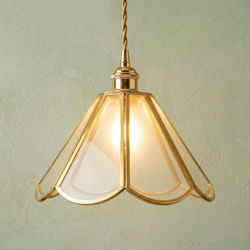 Handmade Clear Flared Pendant Light with Warm Gold-Tone Curved Lines by AuroraeGlass