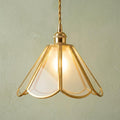 Handmade Clear Flared Pendant Light with Warm Gold-Tone Curved Lines by AuroraeGlass